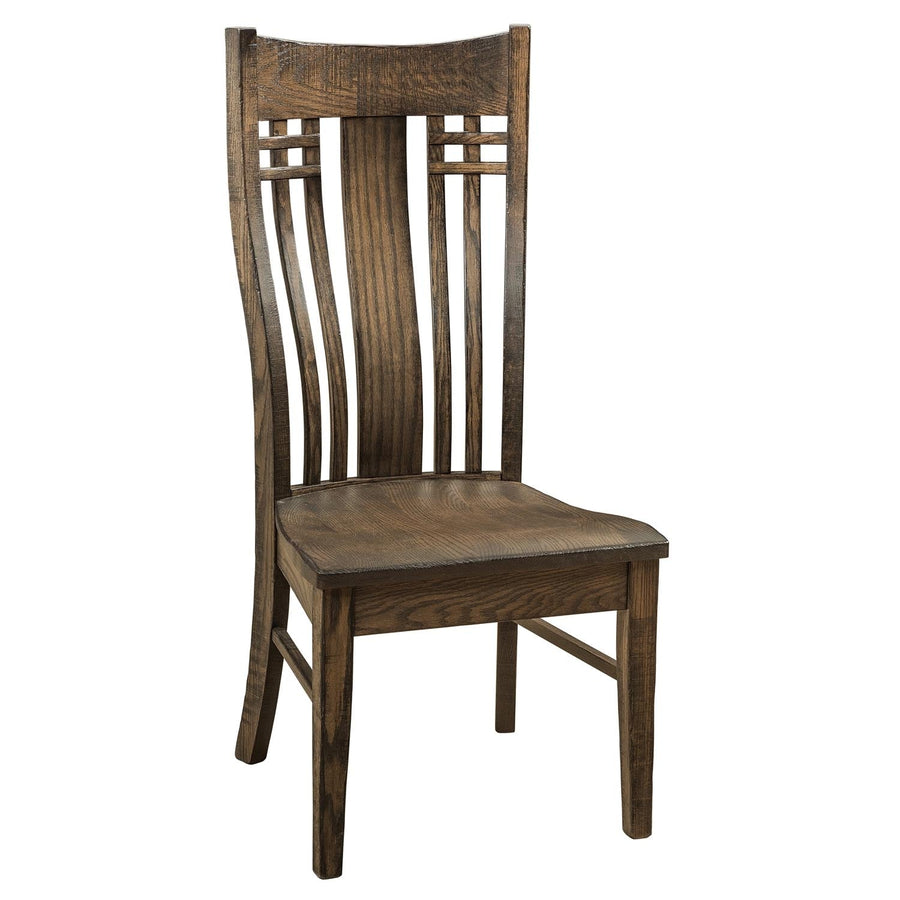 Weathered oak dining chair with a curved lumbar back, three wide slats, grid cutouts and a saddle seat