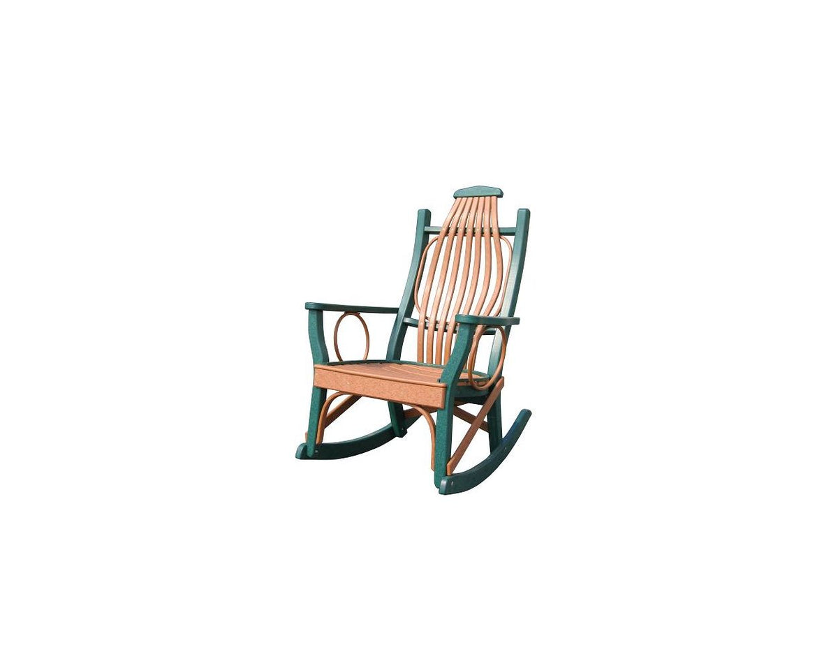 Bentwood poly hickory rocker in cedar and green with curved bent back spindles and hoop arm supports