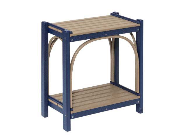 Poly outdoor accent table in navy blue and weathered wood with arched sides and two slatted shelves