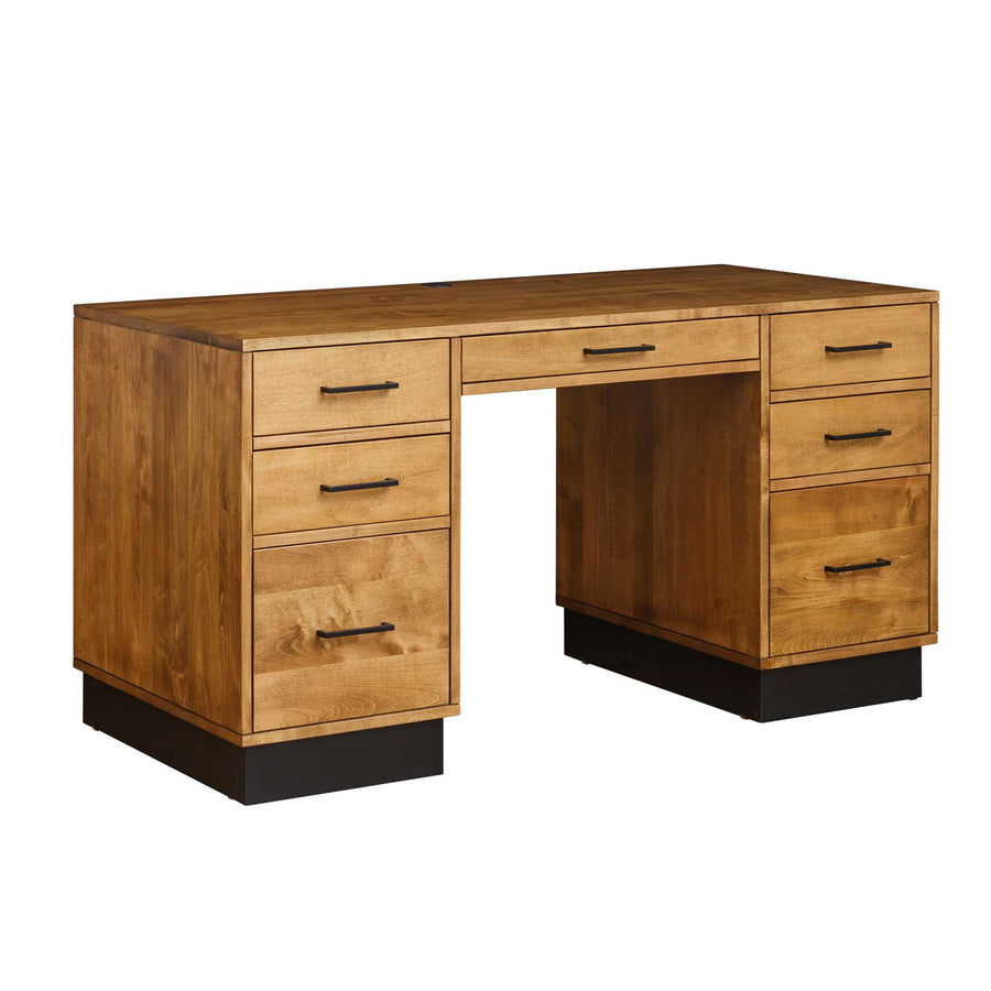 Contemporary birch kneehole desk with two three-drawer pedestals, black bar pulls and a recessed black plinth base