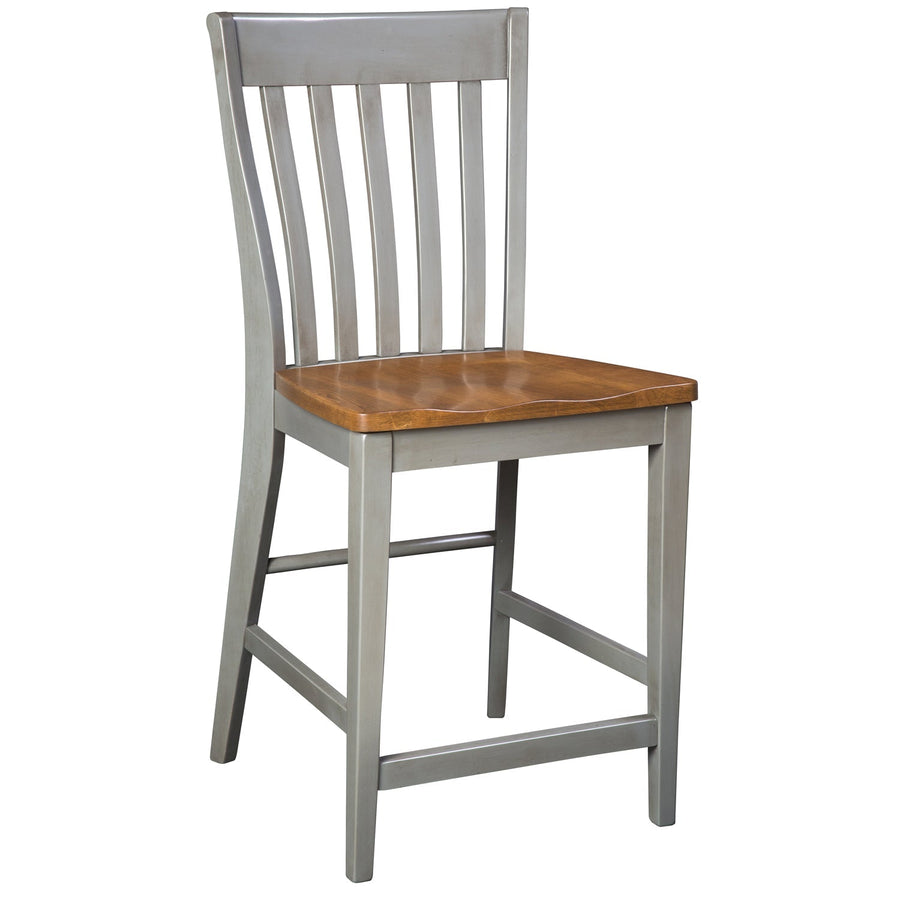 Gray finished slat back bar stool with a contoured honey oak seat, straight legs and side footrest stretchers