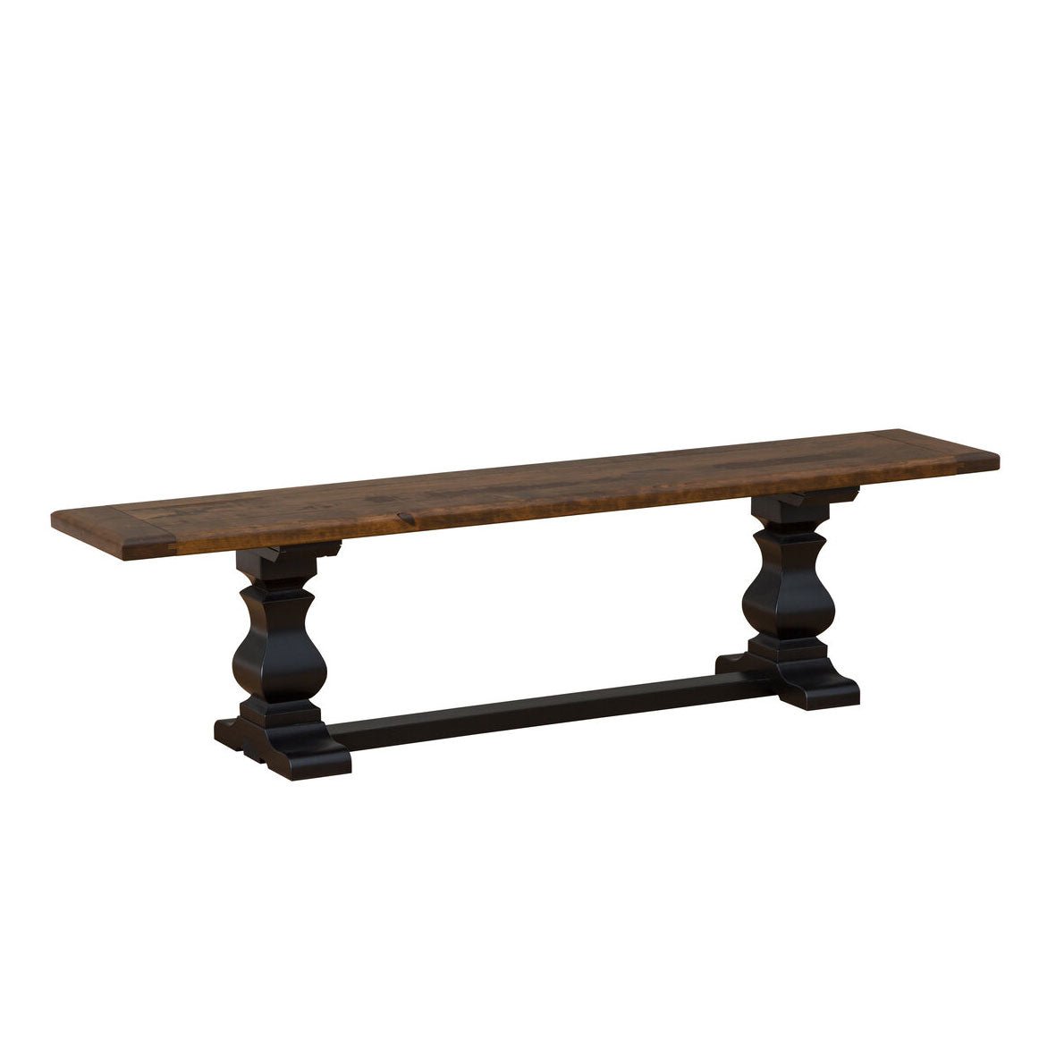 Trestle dining bench with a thick brown plank seat on black urn pedestals joined by a stretcher
