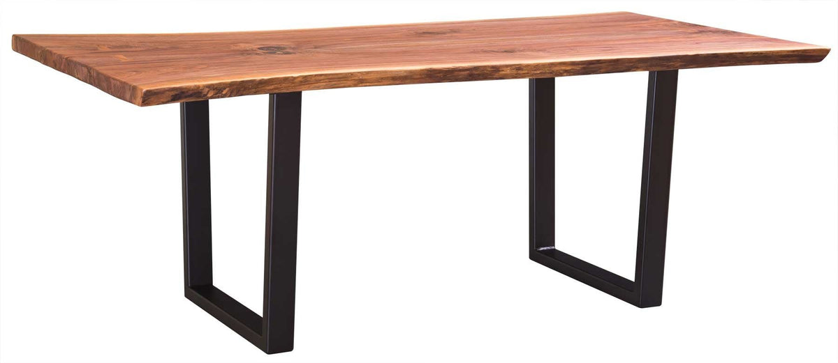 Live edge walnut dining table top on black metal U shaped legs, shown from a low angle on a white background