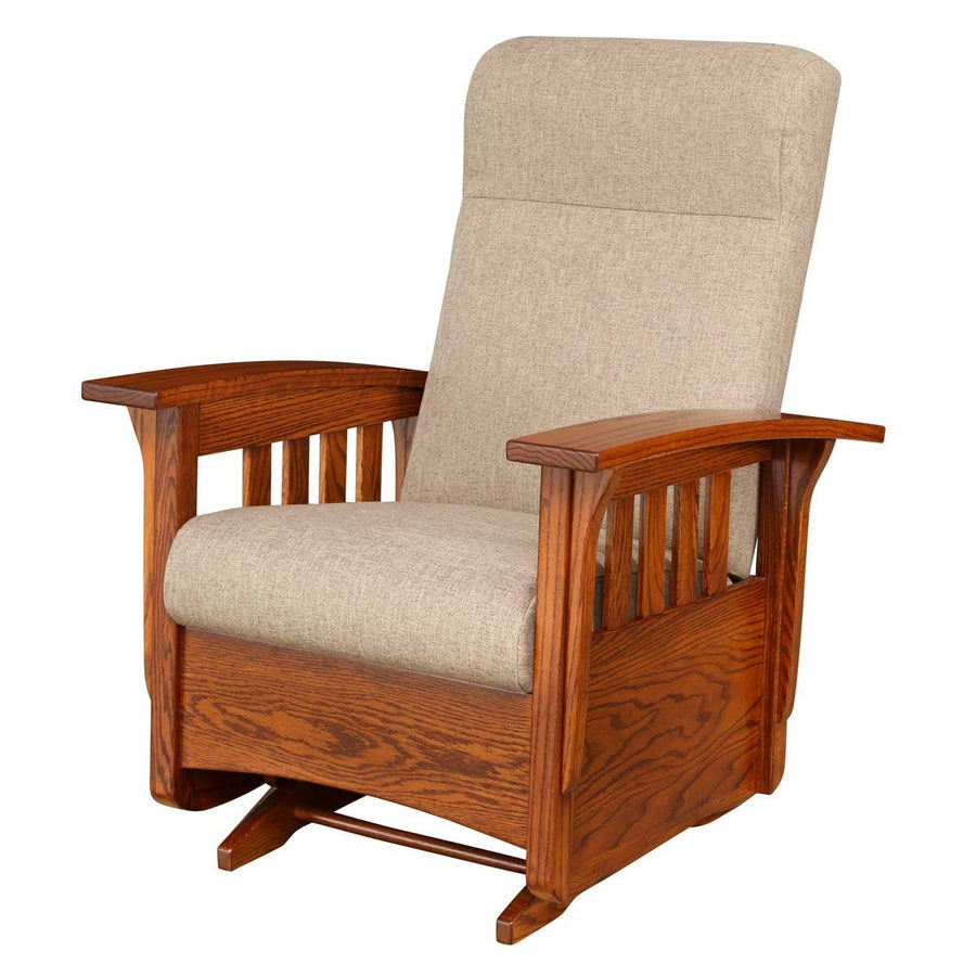 Oak wood frame glider chair with oatmeal cushions, wide flat arms, slat sides and a gliding base on white