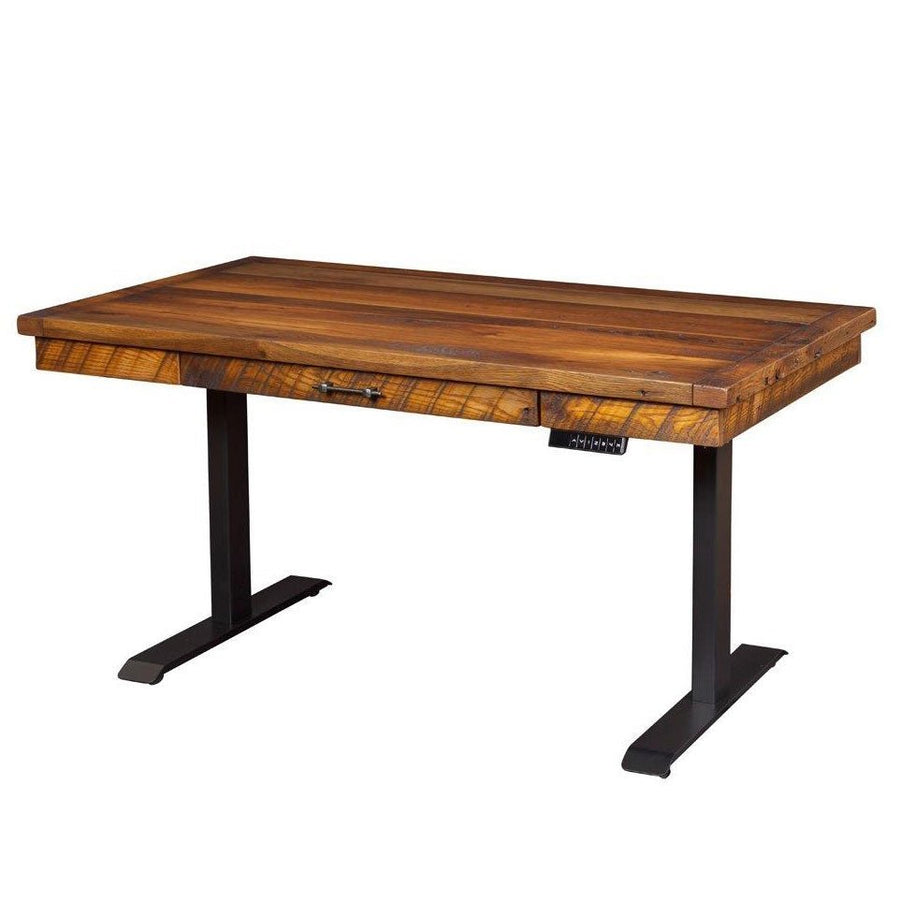 Rustic reclaimed oak lift desk with saw-marked plank top, drawer and black powder coated adjustable base