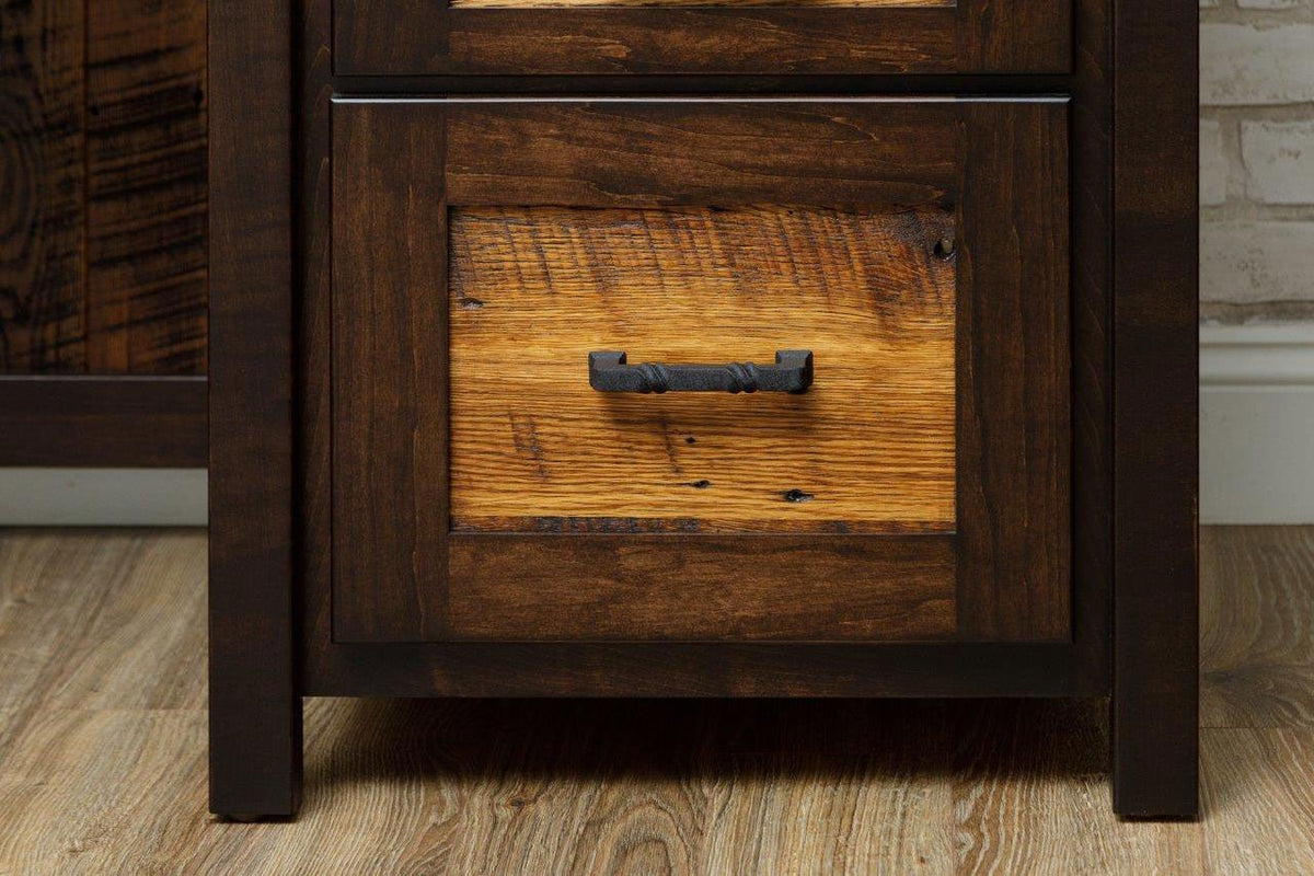 Reclaimed wood file drawer close-up with rough sawn golden panel, dark surround and hand forged black handle