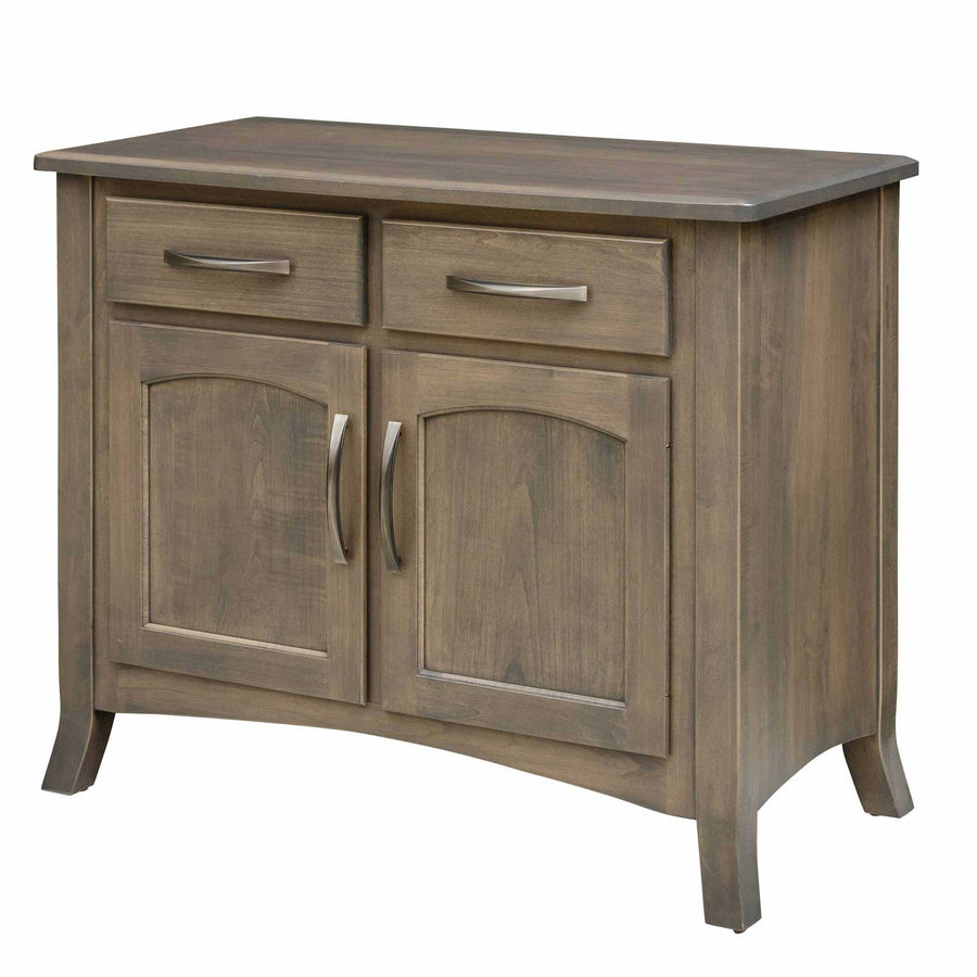Driftwood gray painted buffet with two drawers, two arched panel doors, brushed nickel pulls and flared legs