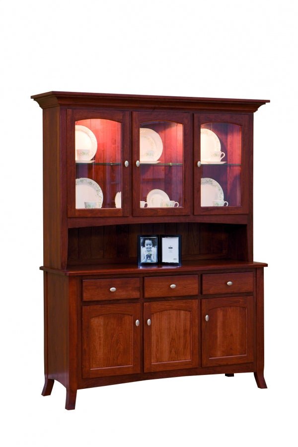 Cherry finished china cabinet with three lighted glass doors, glass shelf, three drawers and paneled lower doors