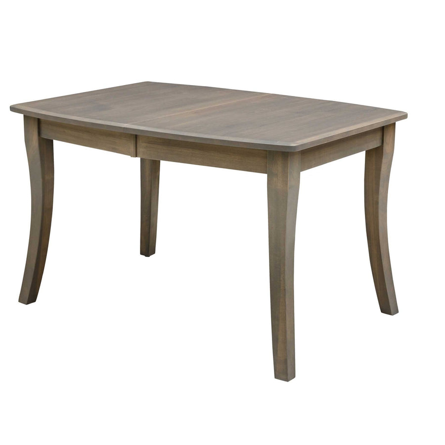 Weathered gray expandable leg dining table with a leaf seam, shaped edge top and curved tapered legs
