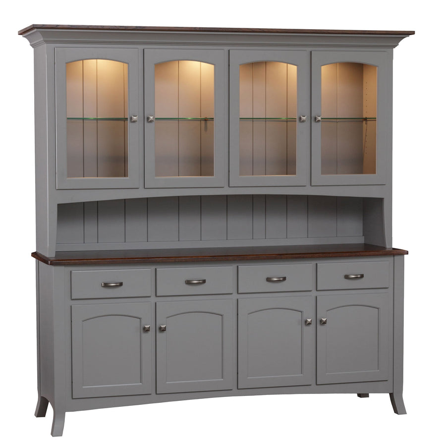 Four-door gray china hutch with brown top, lighted glass cabinets, four drawers and arched panel base doors