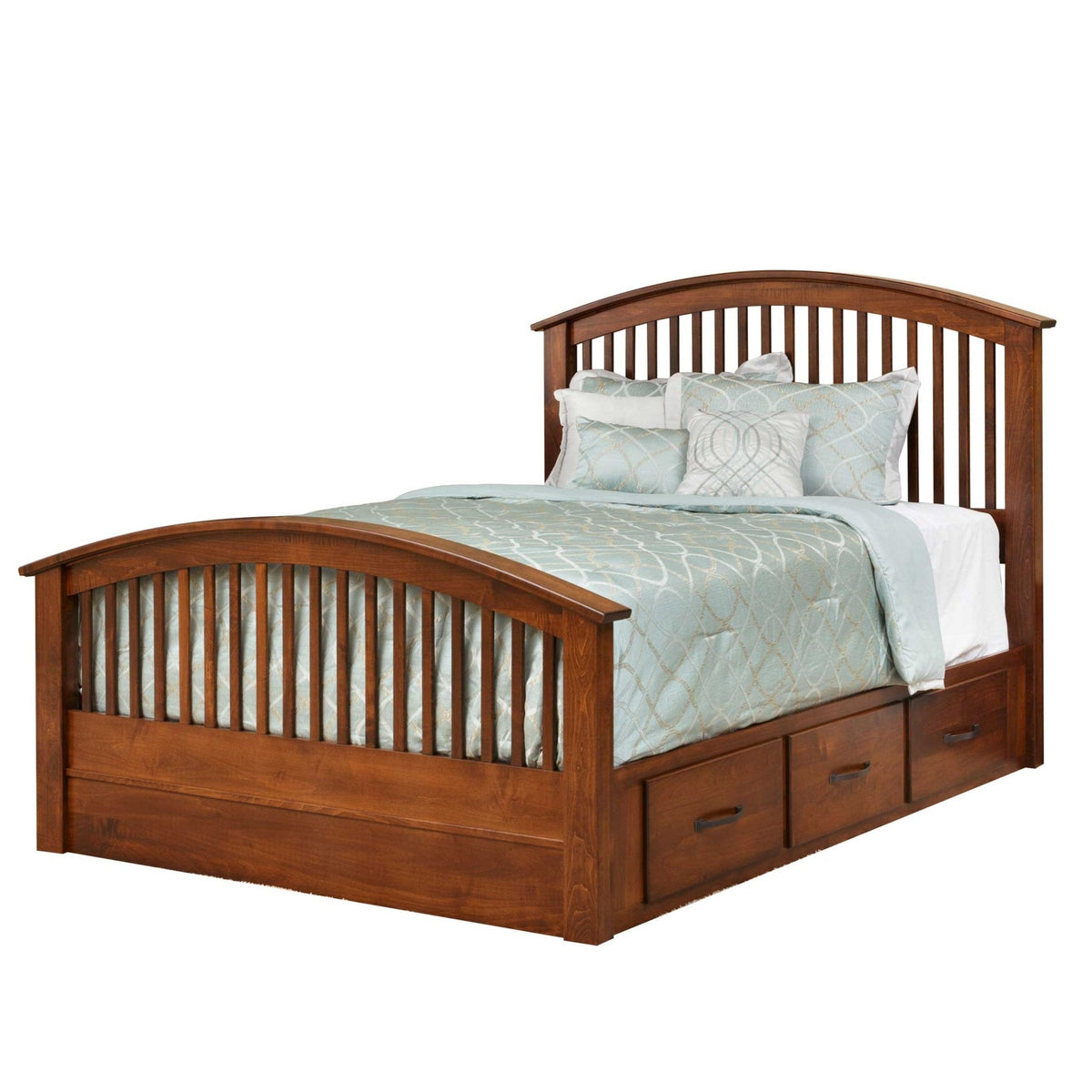 Cherry arched spindle storage bed with three under-bed drawers and light blue quilted bedding