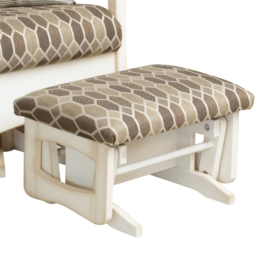 Cream painted glider ottoman with a geometric brown and beige cushion and curved gliding base on white