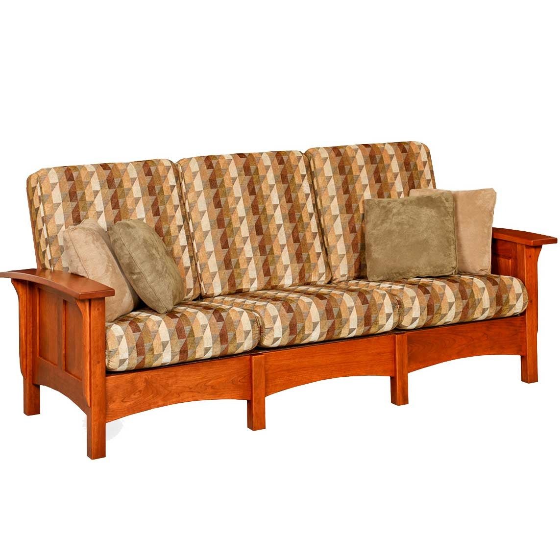 Cherry mission sofa in multi-tone geometric fabric with panel sides and soft accent pillows on white