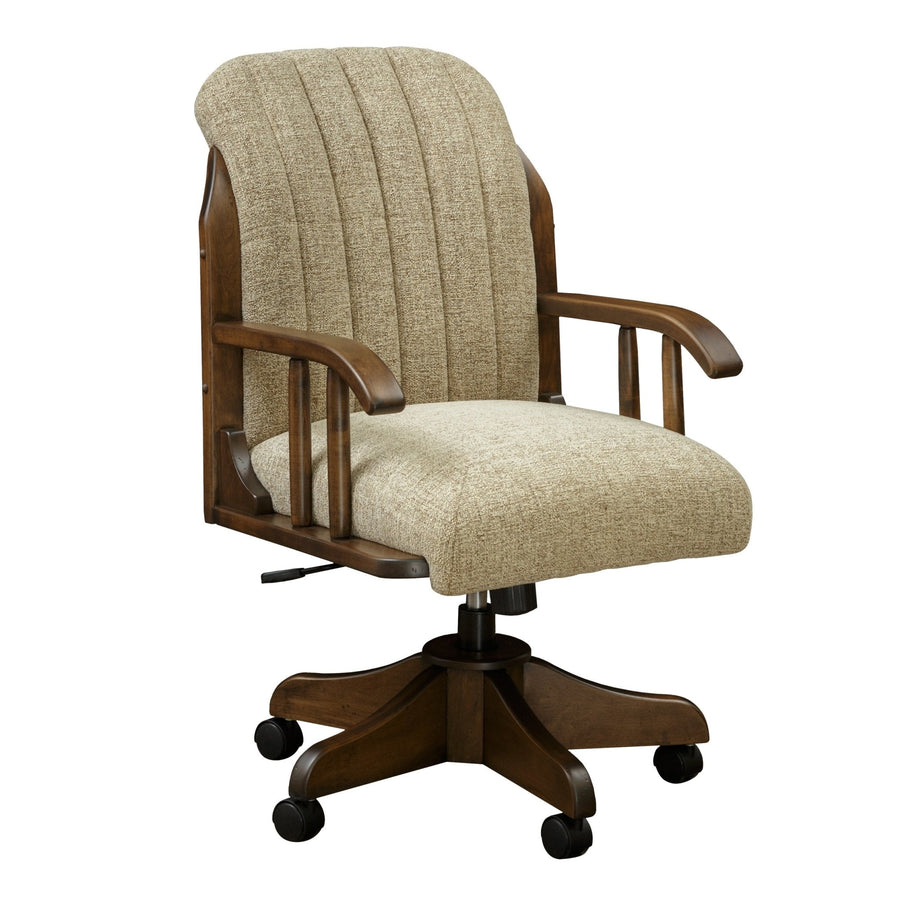 Wood desk chair with oatmeal channel-tufted back and cushioned seat, curved arms, gas lift and five-star caster base