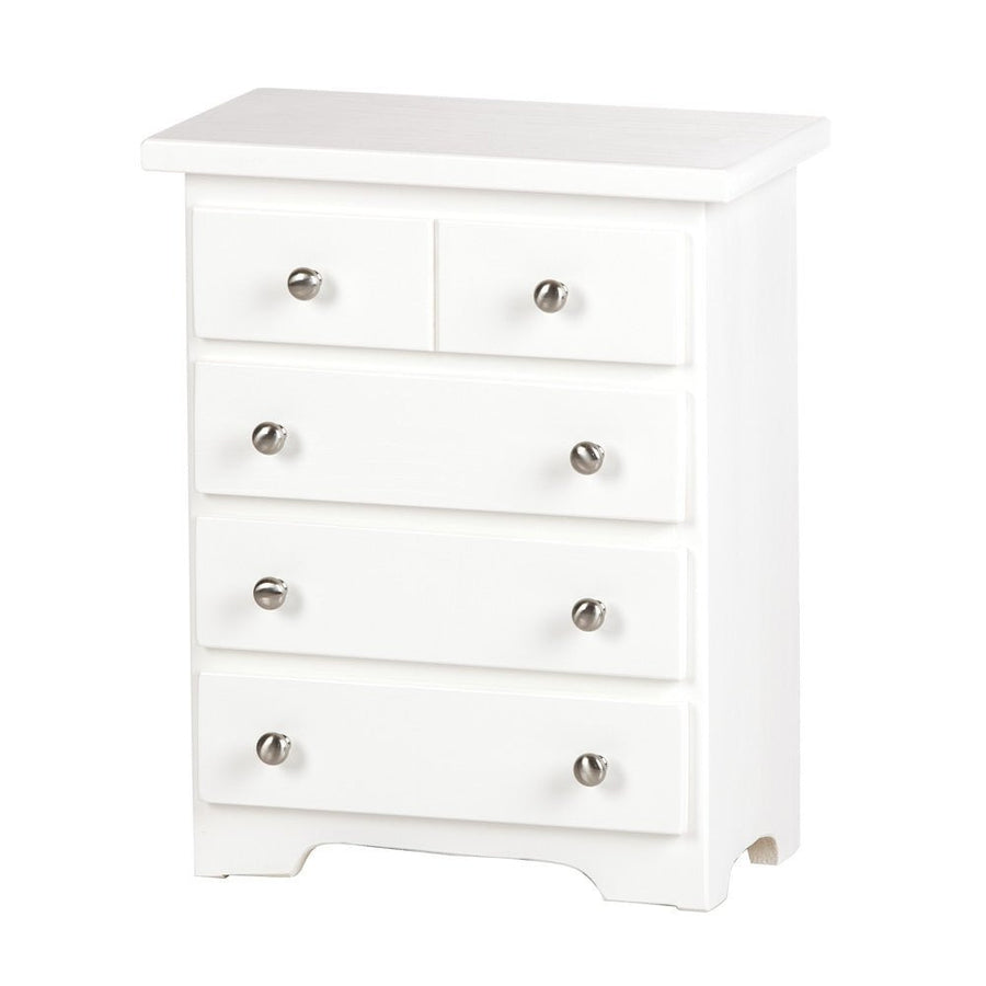 White painted doll chest of drawers with five drawers, satin nickel knobs and a scalloped apron at the base