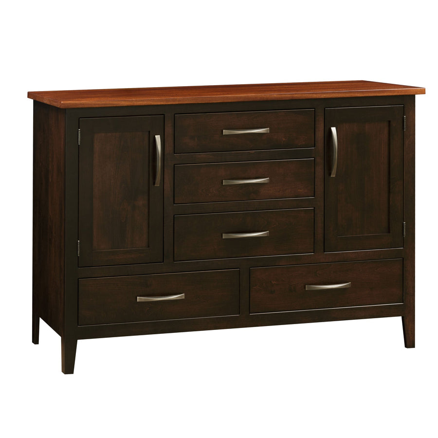 Espresso dining server with a golden oak top, three stacked drawers between two panel doors and two base drawers
