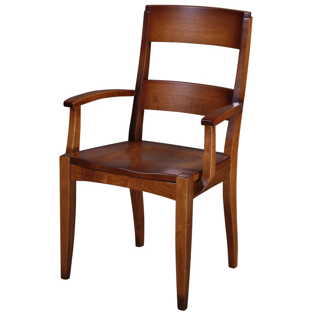 Modern arm chair in a rich brown maple finish with a curved slat back and scooped solid wood seat