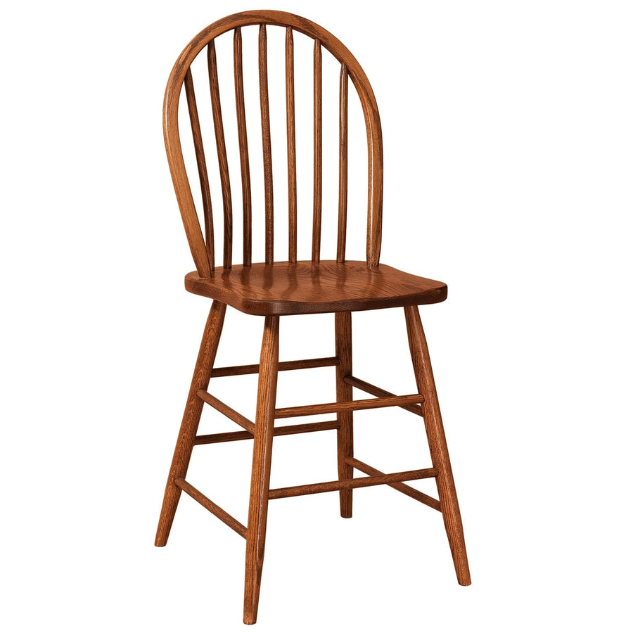 Windsor spindle counter stool in oak with arched bow back, contoured seat and stepped footrest stretchers