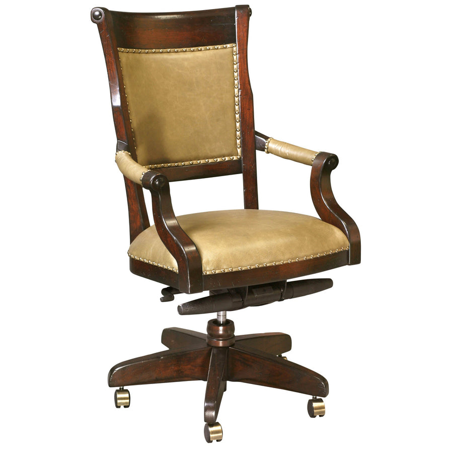 Swivel office desk chair in dark cherry with tan leather upholstery, nailhead trim and brass casters
