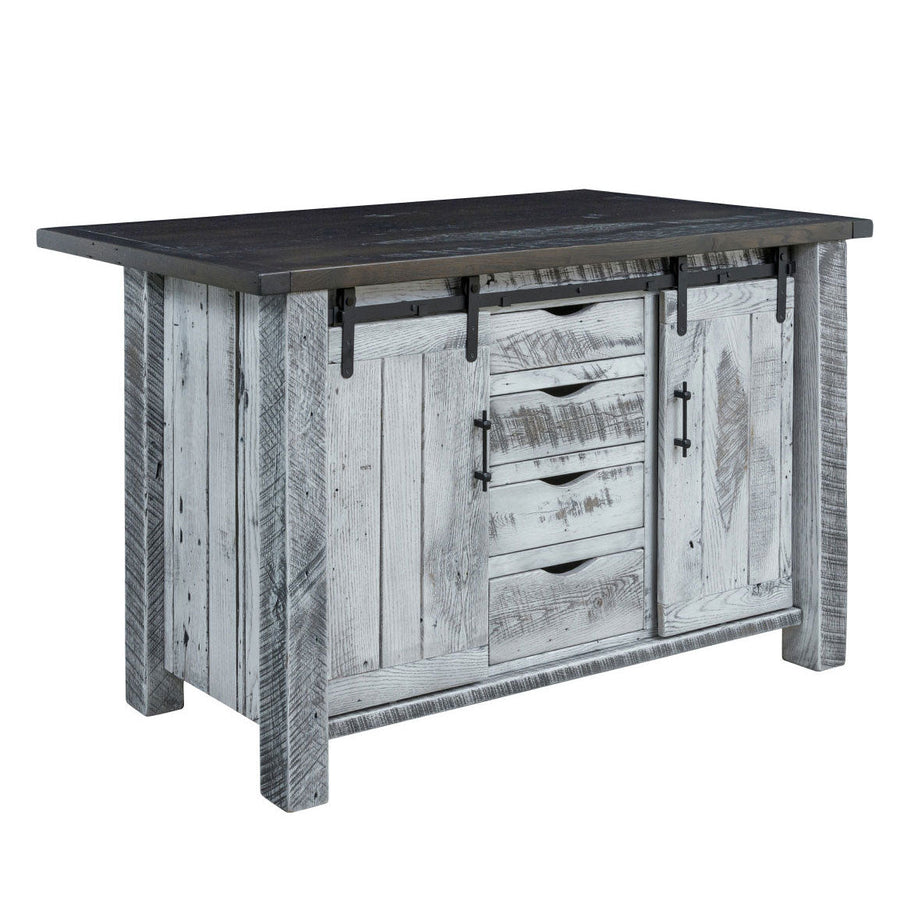 Weathered gray kitchen island with two sliding barn doors, four center drawers and a dark stained plank top