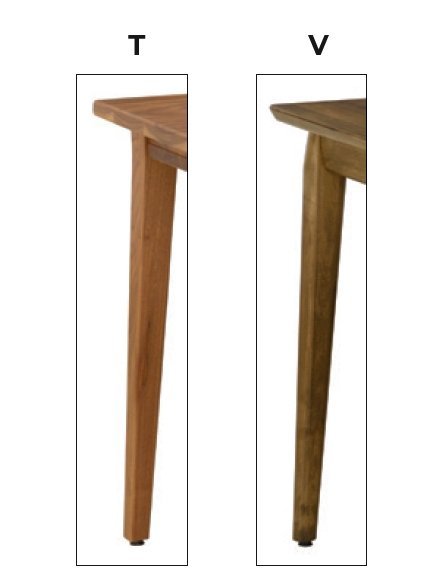 Leg option diagram comparing the straight tapered T leg and the outward angled V leg for the table
