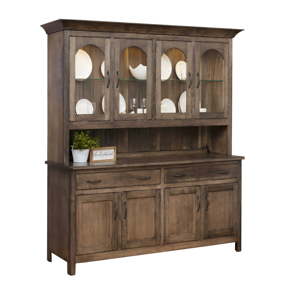 Weathered gray brown four-door china cabinet with lighted arched glass doors, plates and iron pulls
