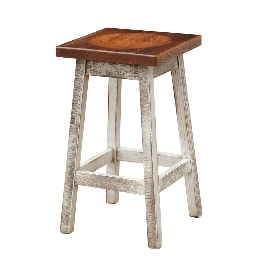 Backless square reclaimed wood bar stool with a stained saddle seat and distressed white splayed legs