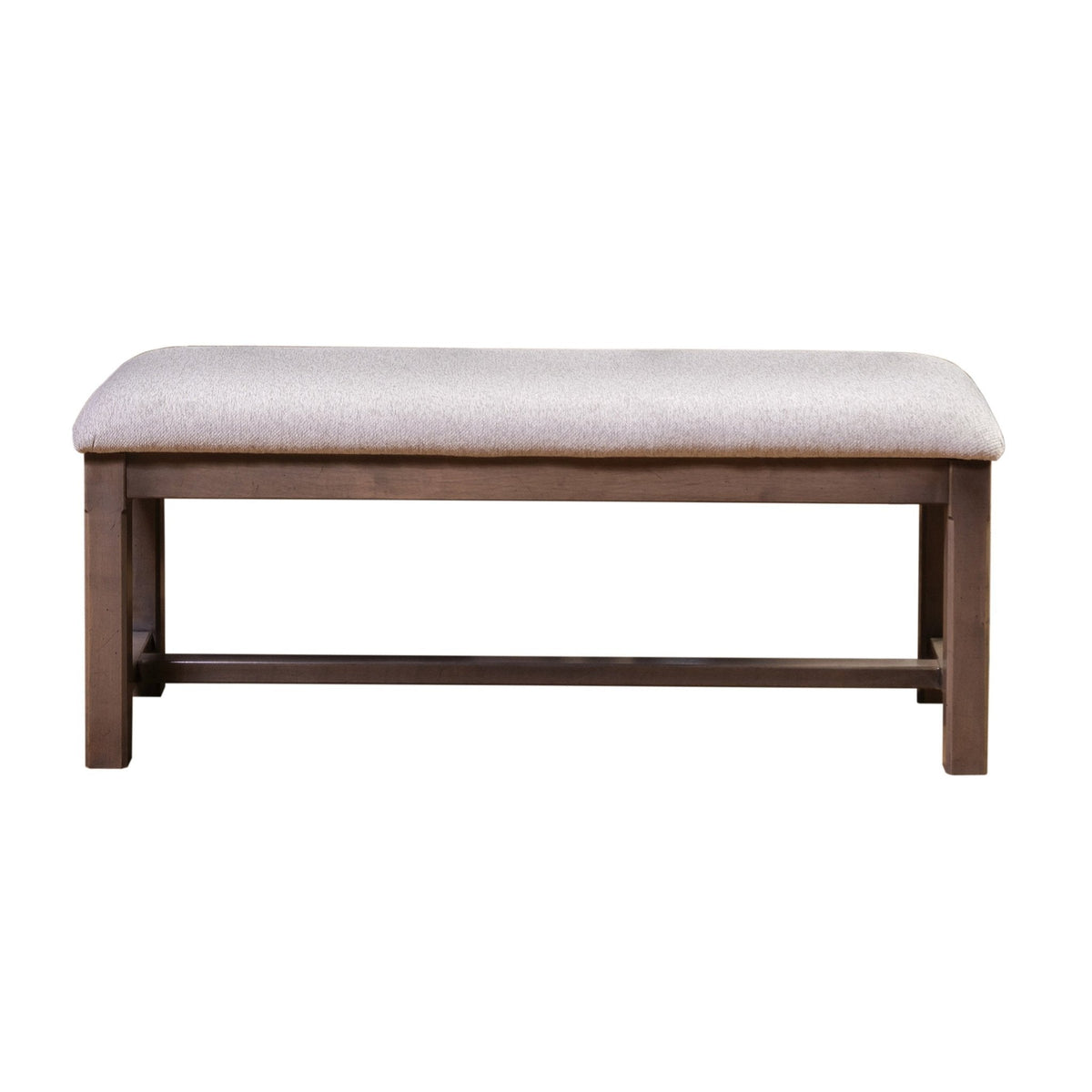 Upholstered dining bench with a light gray padded seat, dark brown wood legs and a stretcher base