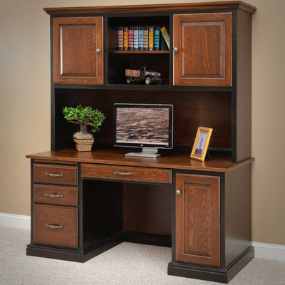 Two-tone oak computer desk and hutch with black painted frame, three drawers, cabinet door and center drawer