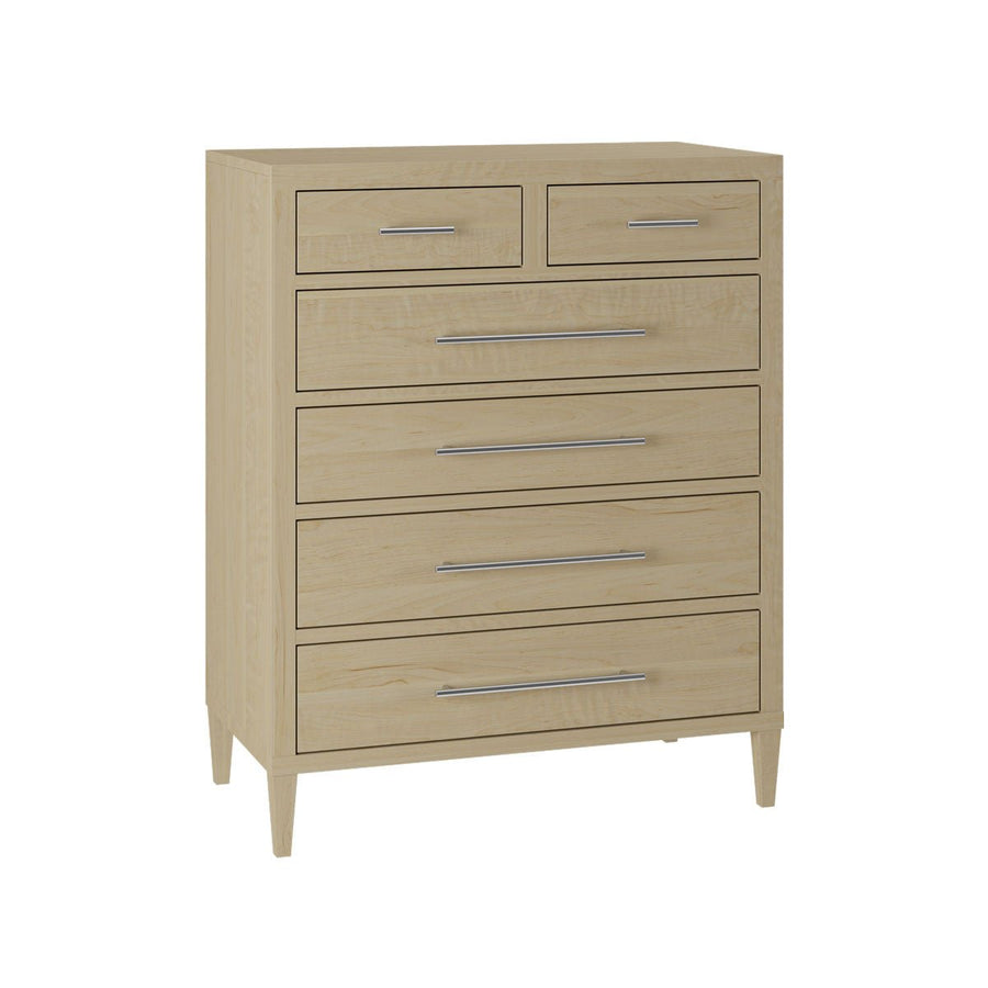 Blonde maple chest of drawers with two small over four wide drawers and slim chrome bar handles