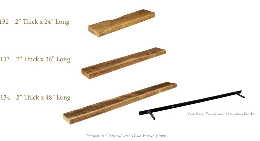 Floating shelf size diagram showing 2 inch thick shelves in 24, 36 and 48 inch lengths with mounting bracket