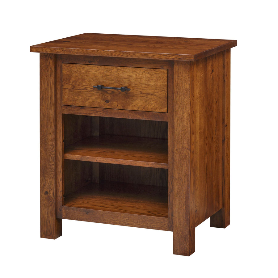 Rustic oak nightstand with a single drawer over an open shelf compartment, black bar pull and chunky square legs