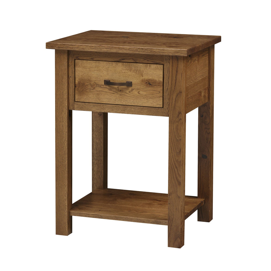Rustic oak open nightstand with one drawer, black bar pull and a lower open shelf between thick square legs