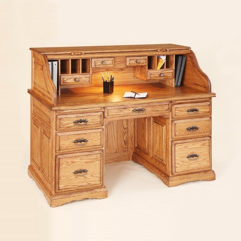 Double pedestal oak roll top desk with lit interior cubbies, six drawers and dark antique bail pulls