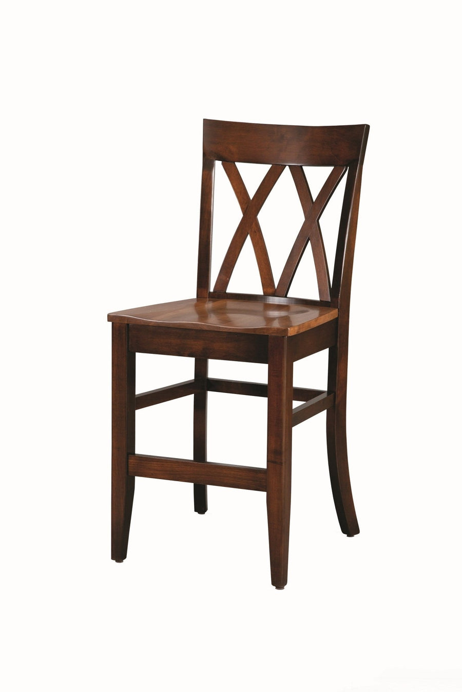 Counter height double X back bar chair in dark brown wood with a scooped seat and footrest stretchers on white