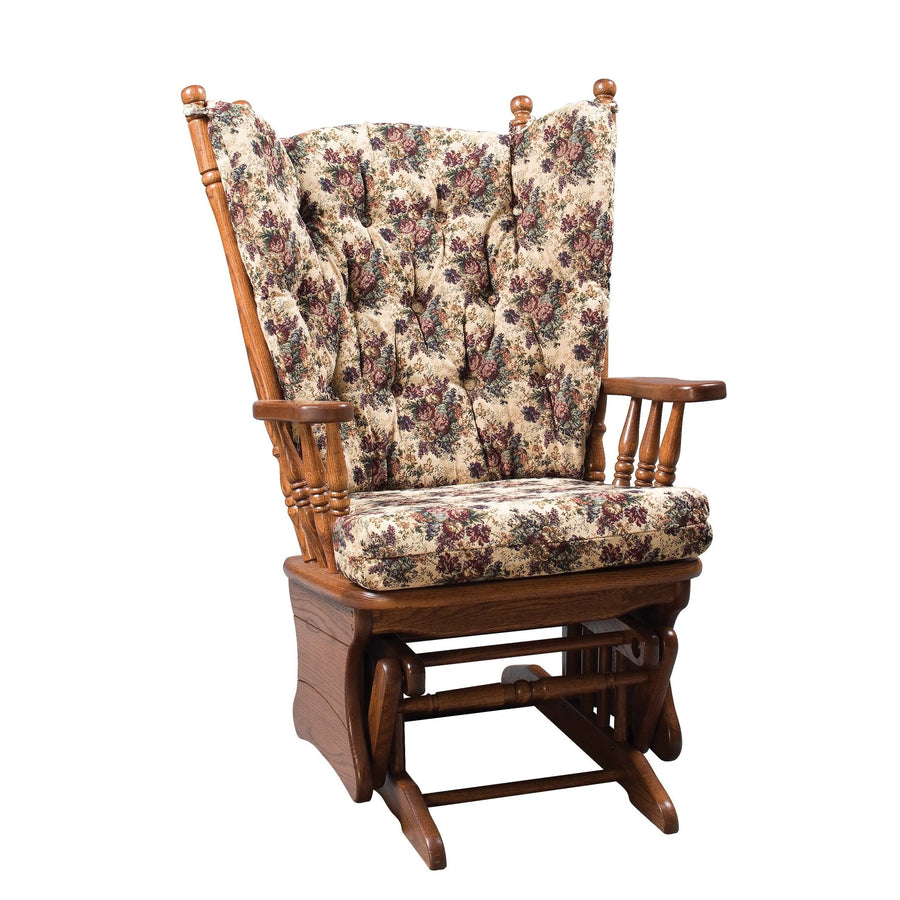 High wing back glider rocker in medium oak with button-tufted floral tapestry cushions, turned spindles and gliding base