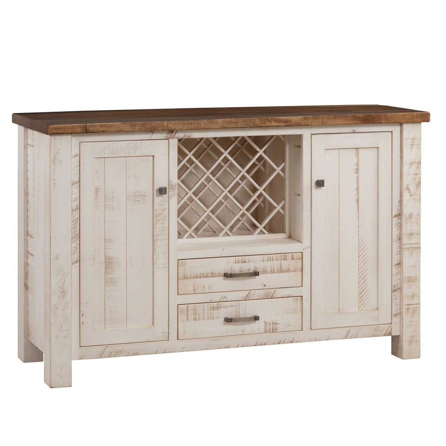Rustic white wine storage buffet with two paneled doors, a diamond lattice wine rack and two drawers