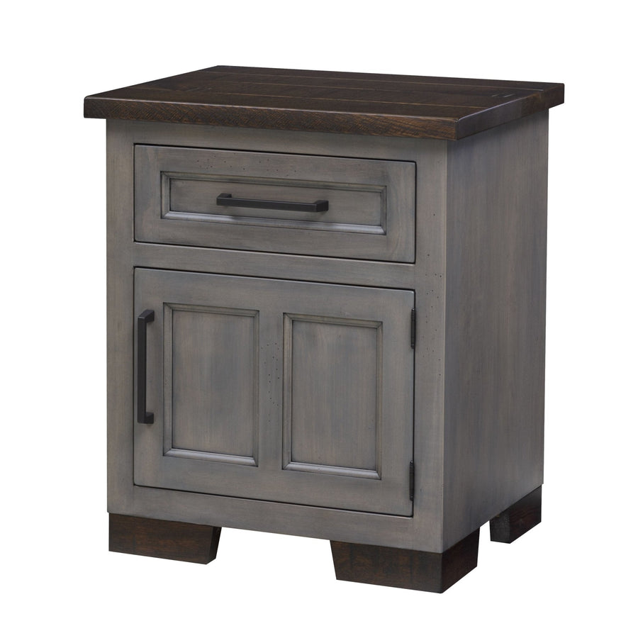 Solid maple one-door one-drawer nightstand in a smoky gray finish with a rough-sawn dark brown top and black bar pulls