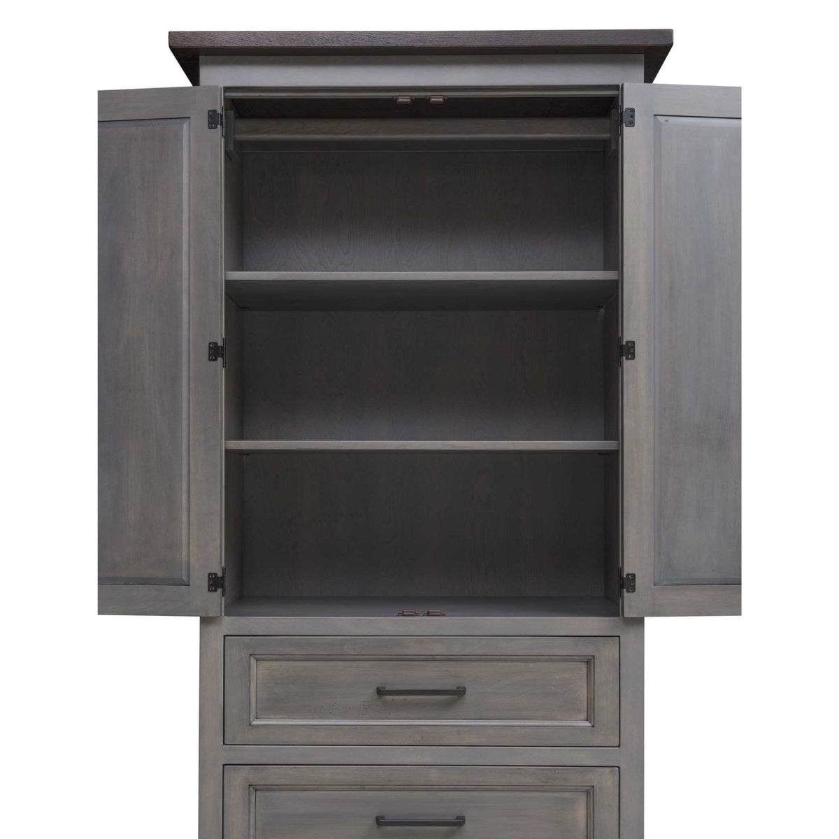 Gray armoire with both doors open showing a hanging rod above two adjustable interior shelves