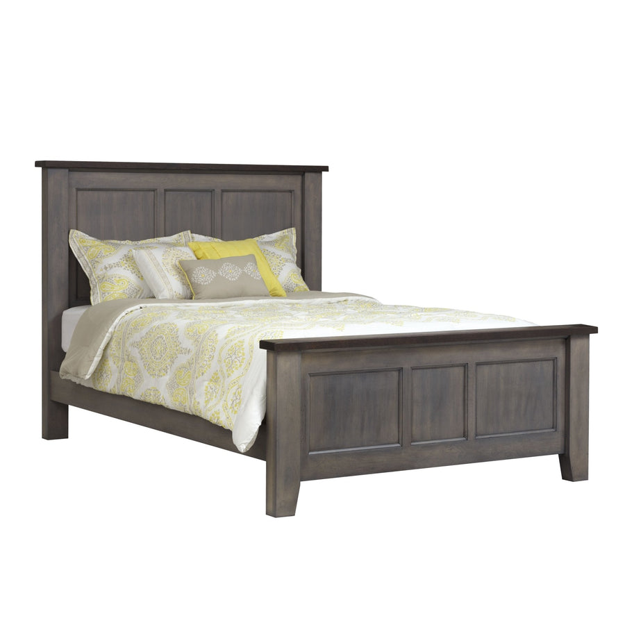 Solid maple panel bed in a two-tone gray and dark brown finish with a three-panel headboard and matching raised-panel footboard