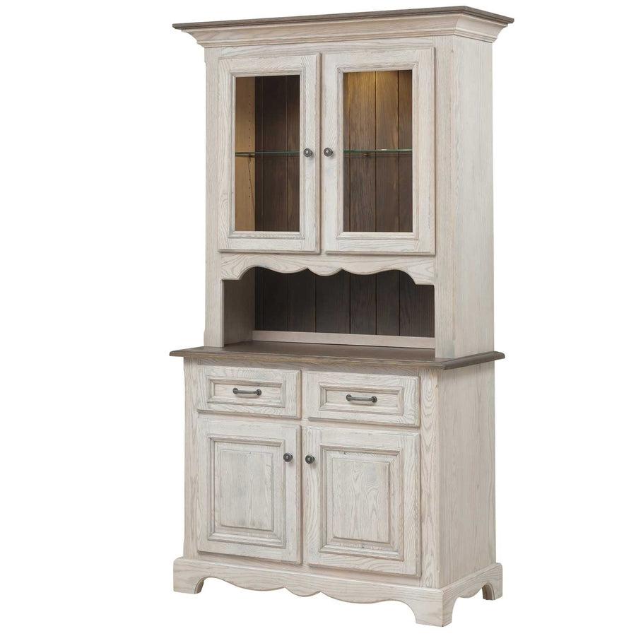 Two-door china cabinet in a weathered white oak finish with glass shelves, open serving area and gray top
