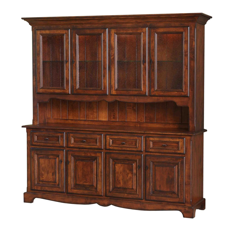 Large cherry china cabinet with four glass doors, an open serving shelf and a four door buffet base