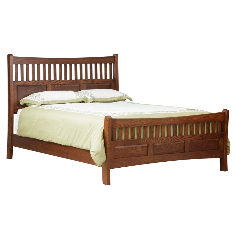 Solid oak mission slat bed with vertical spindles above raised panels on the headboard and footboard