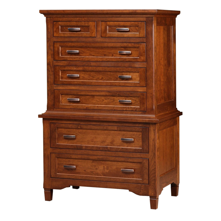 Cherry chest-on-chest with two small top drawers over five graduated drawers and nickel bar pulls on tapered feet