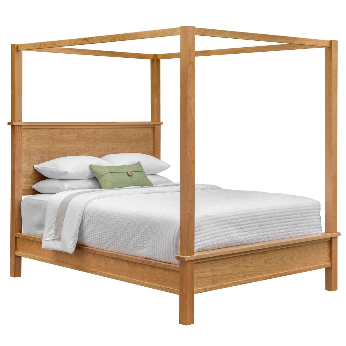 Natural cherry canopy queen bed with square posts, flat top rails, paneled headboard and low footboard on a white background