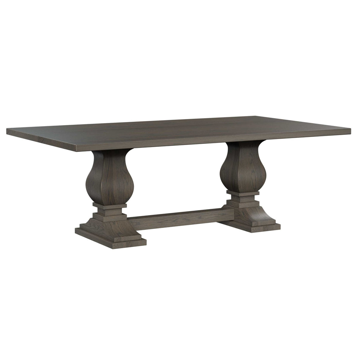 Rectangular double pedestal dining table in a weathered gray finish with turned urn pedestals and stretcher base