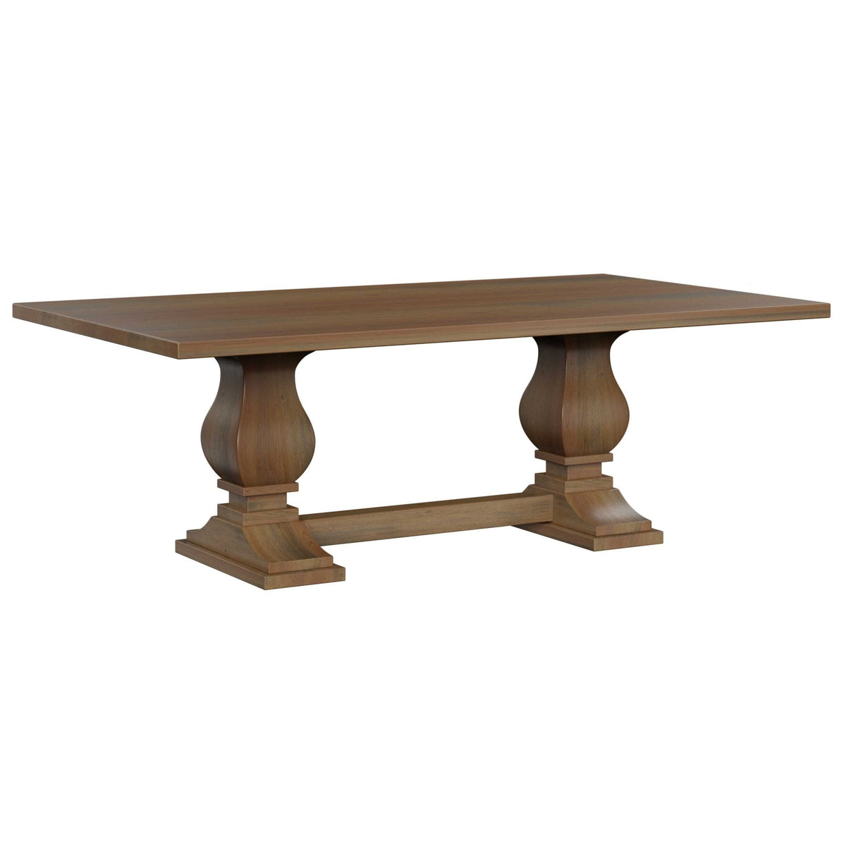 Solid top dining table in a light natural finish with two urn shaped pedestals joined by a stretcher, white background
