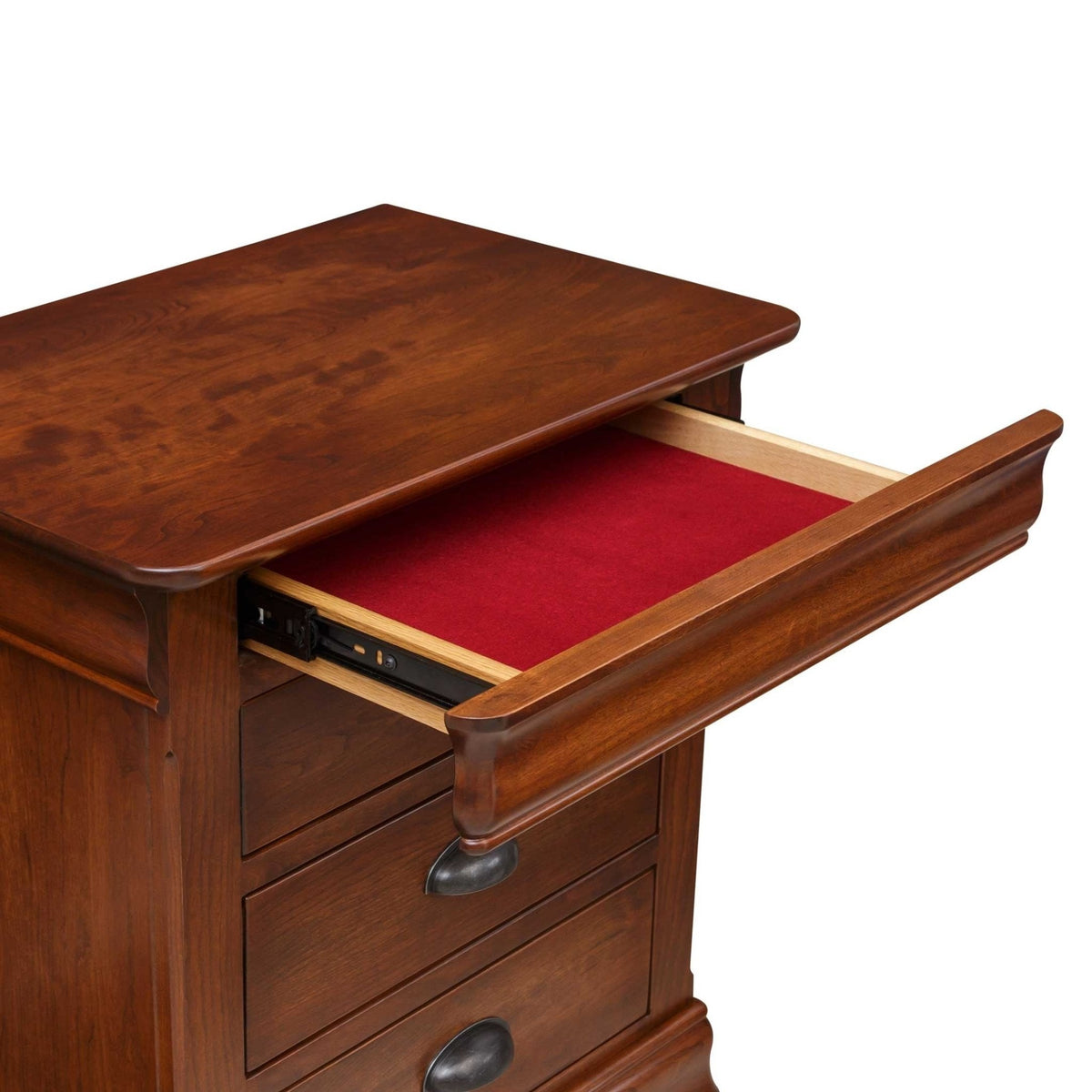 Open red felt-lined top drawer on the cherry nightstand showing the smooth glide slides and molded drawer front
