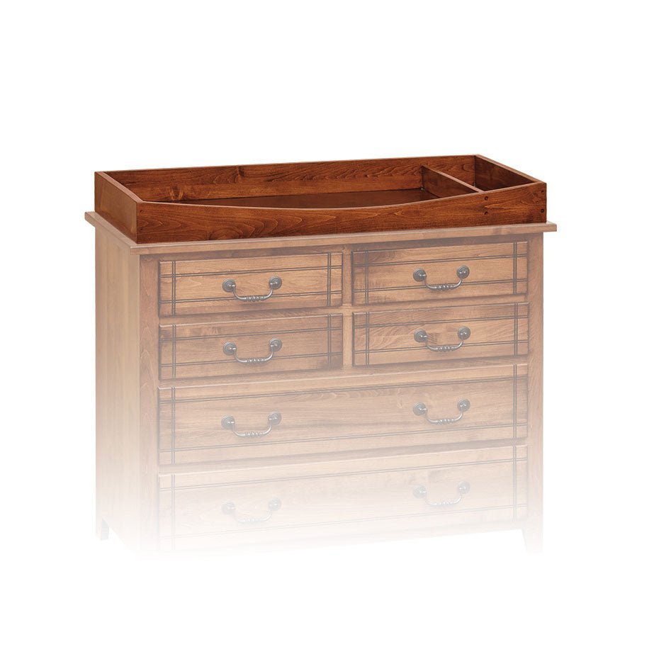 Removable cherry changing tray with raised rail and center divider shown fitted on a six-drawer dresser