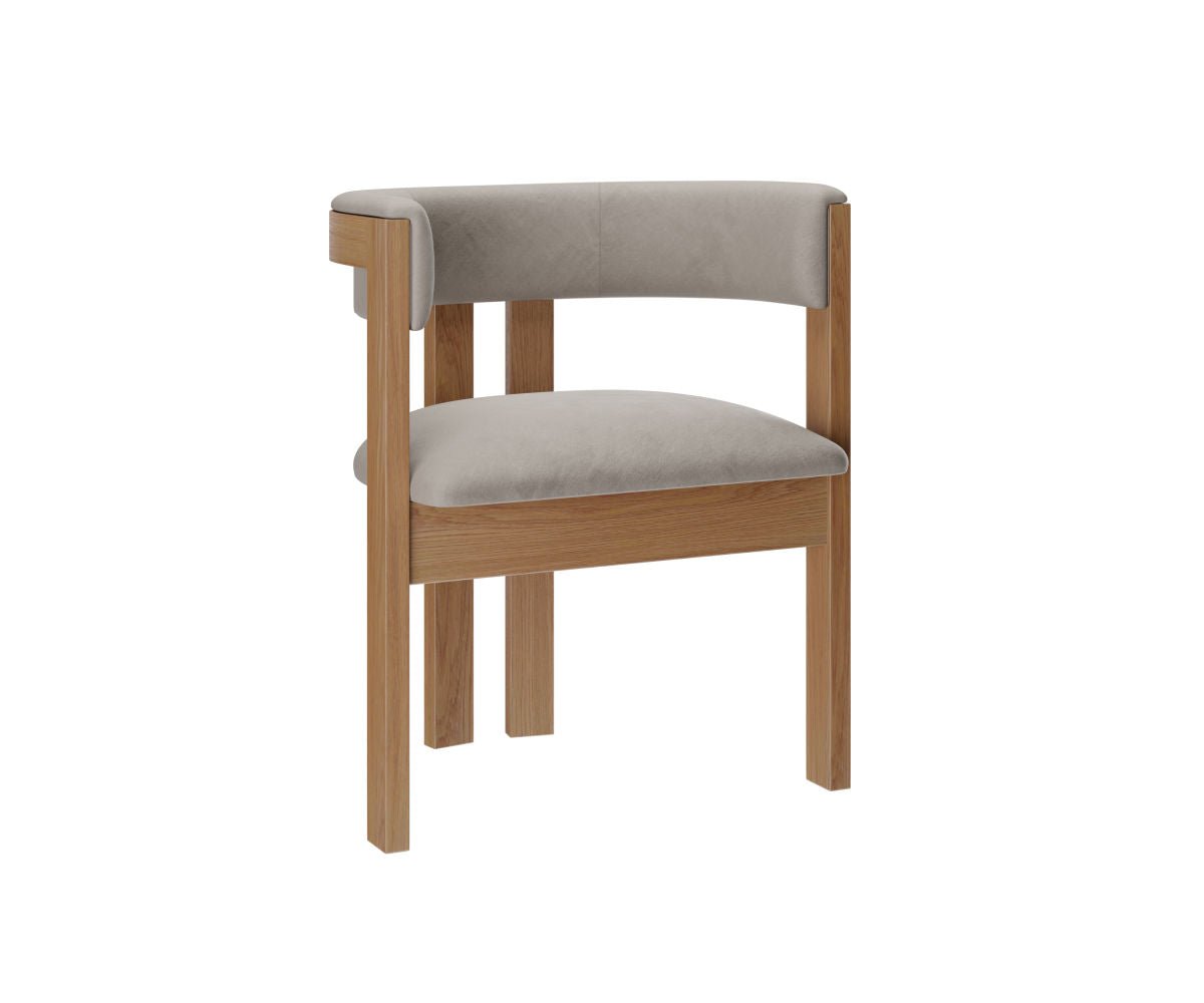 Curved barrel back arm dining chair with taupe velvet seat and back panel on a square natural oak frame